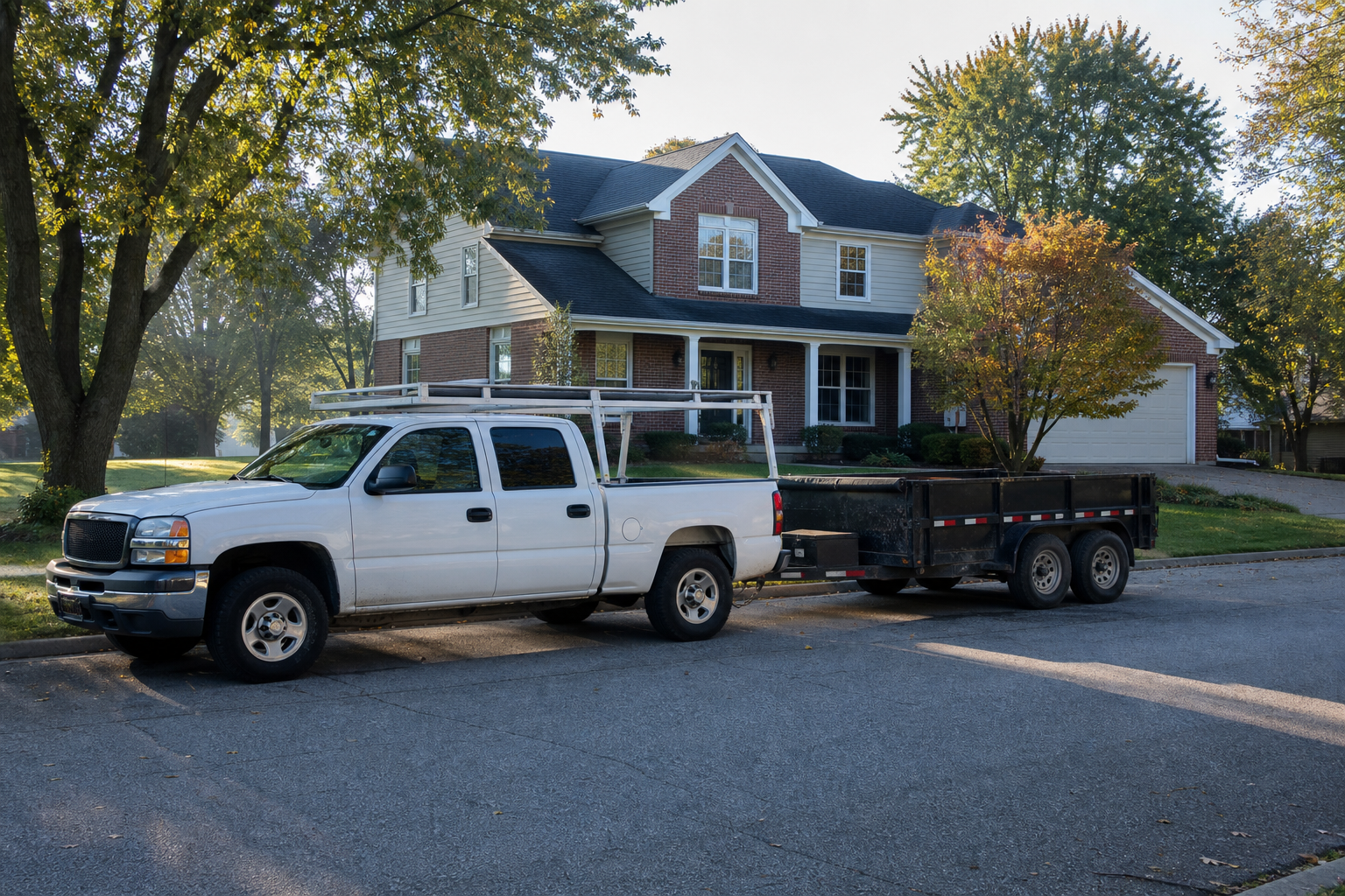 Brown Roofing work truck and material trailer parked outside a Kansas City area home