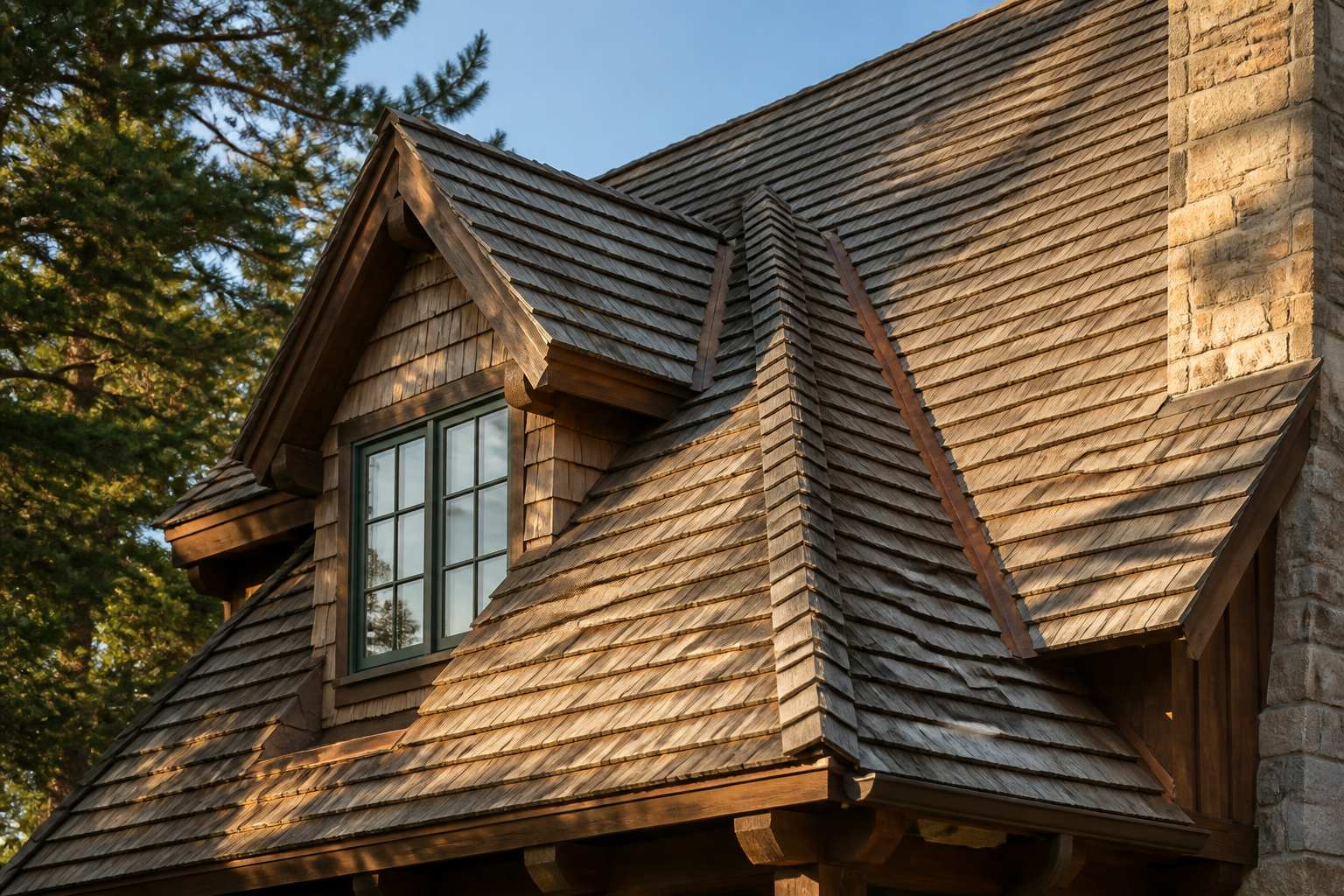 Cedar shake roof on a gabled home with visible wood grain and texture