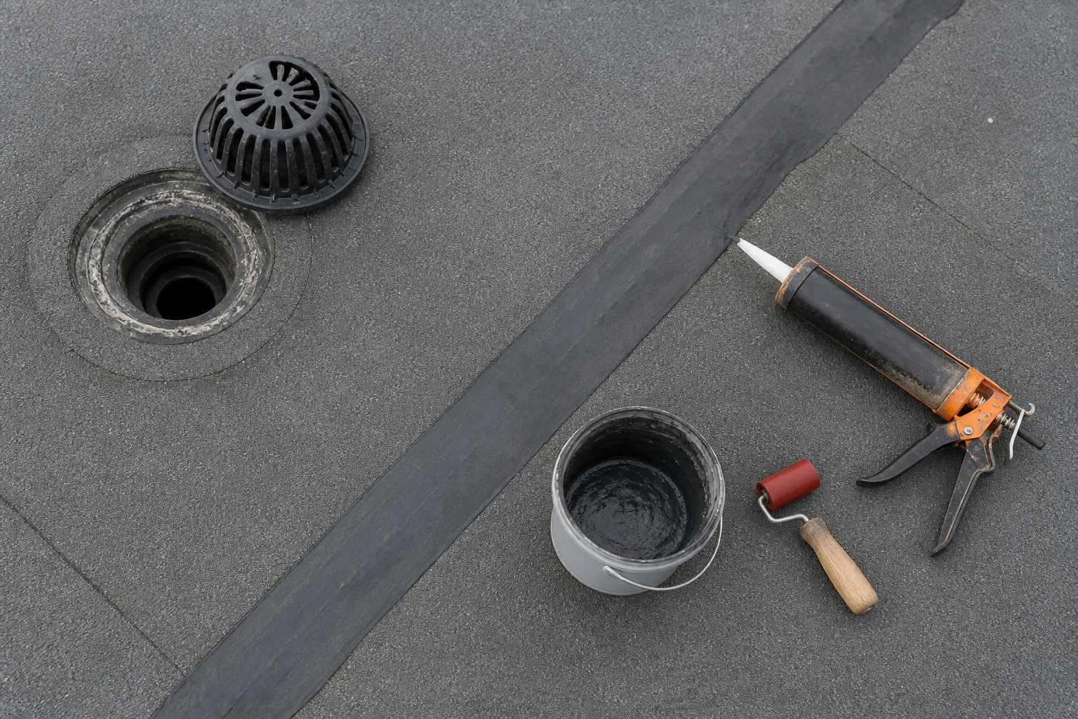 Low-slope commercial roof seam and drain during a scheduled maintenance visit