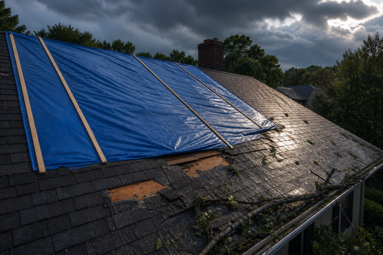 Emergency tarp secured over a storm-damaged residential roof