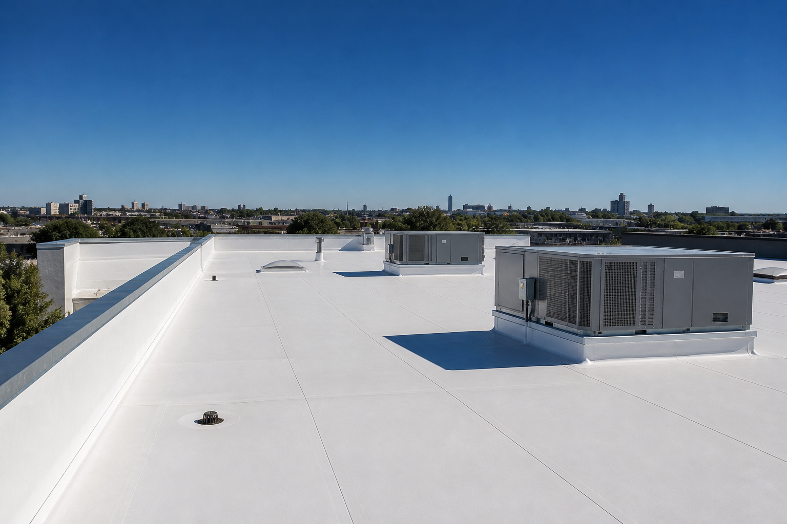 White TPO membrane flat roof with HVAC units and seam detail on a commercial building