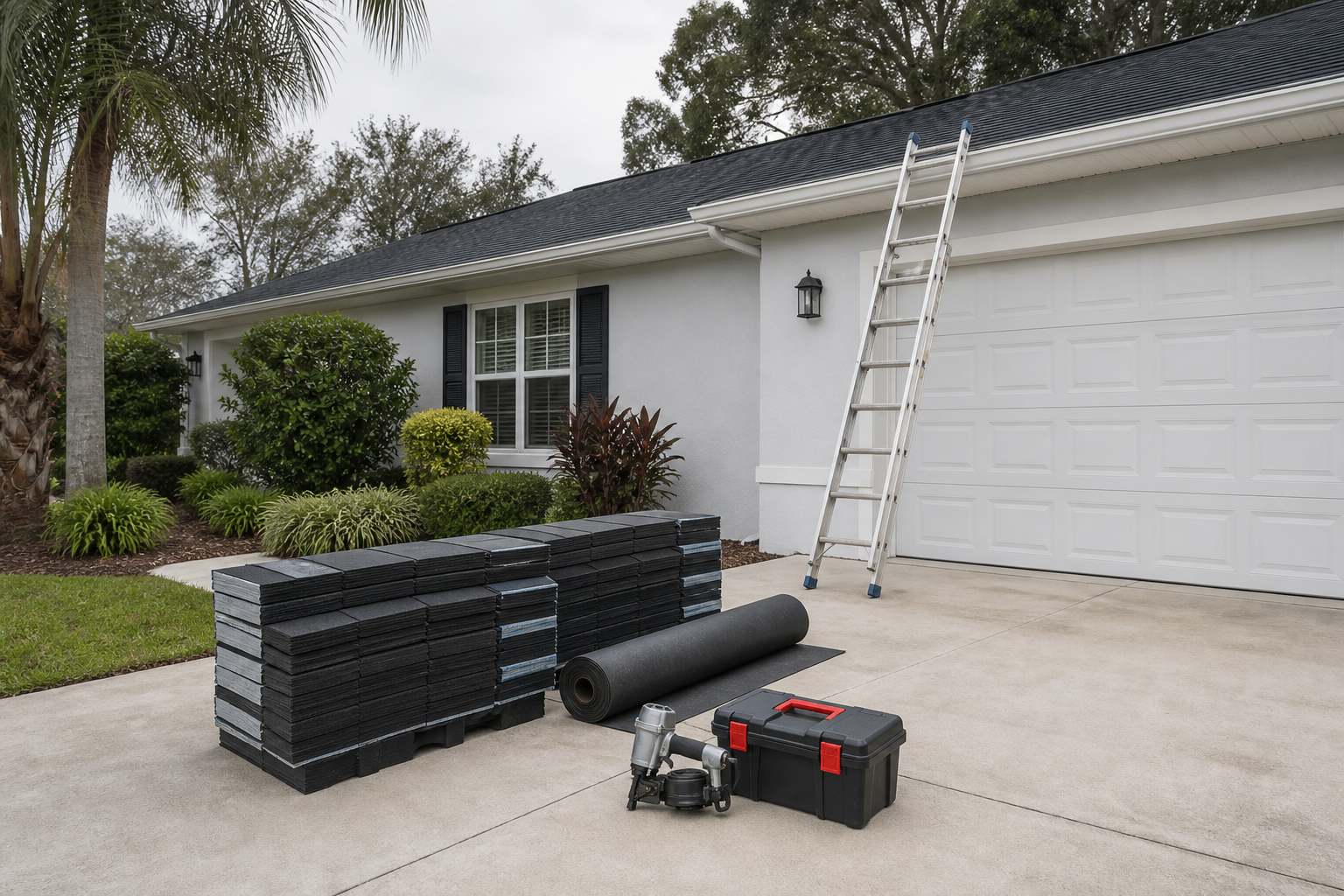 Shingle bundles and tools staged on a driveway before a Brown Roofing reroof