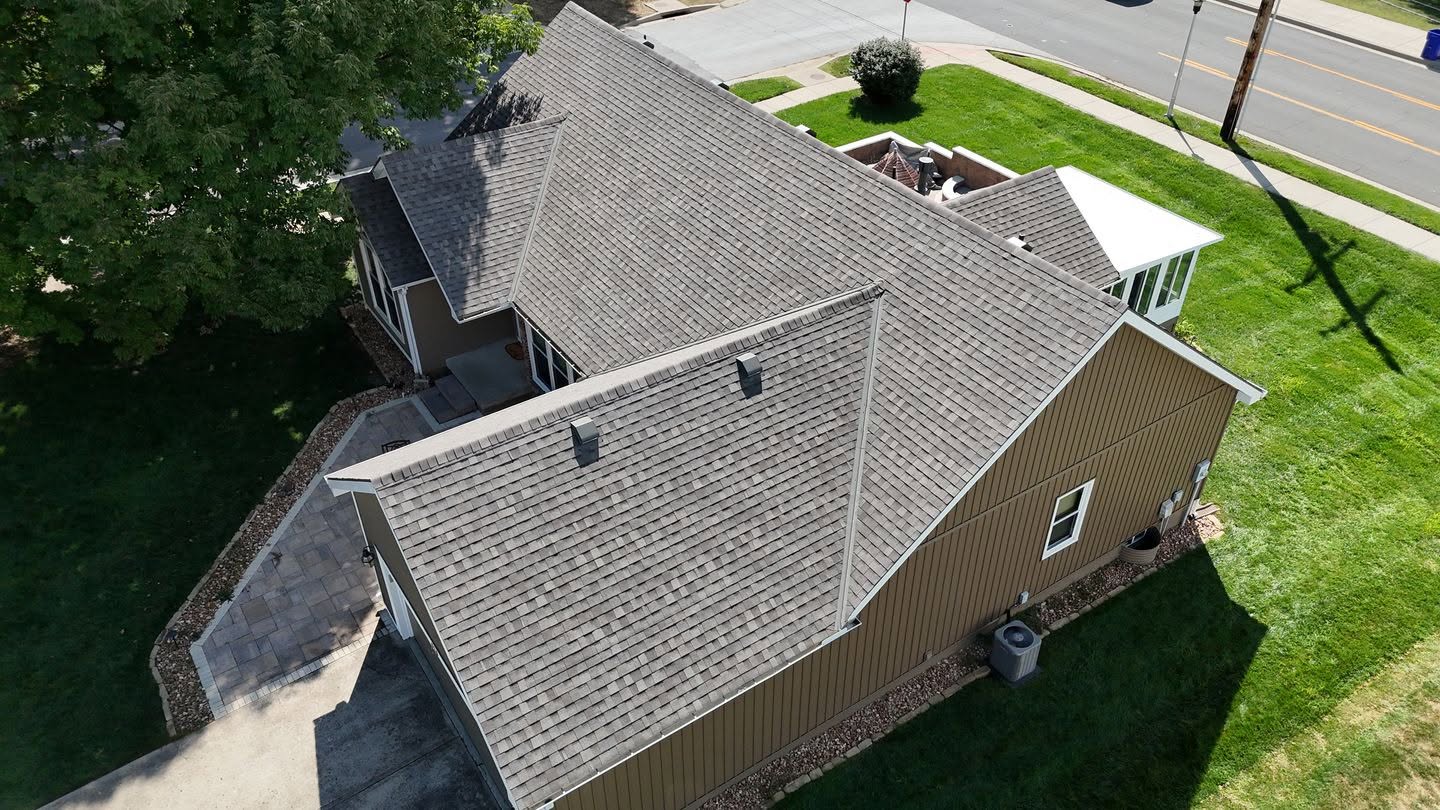 Storm damage roof replacement aerial view by Brown Roofing LLC