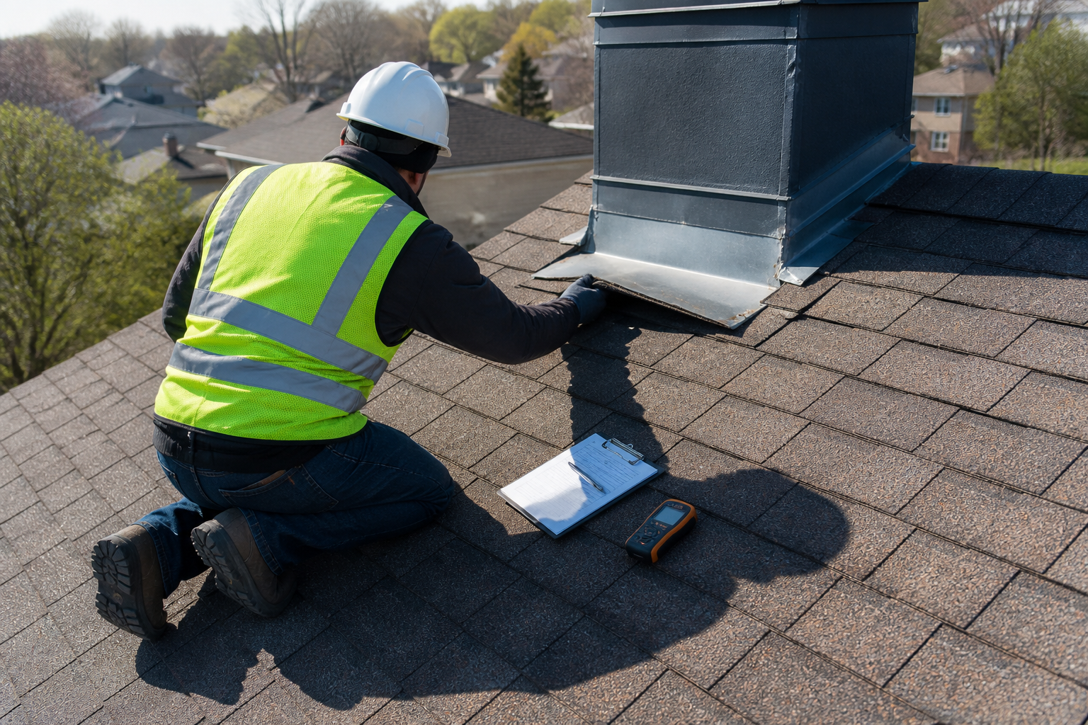 Roofing professional inspecting shingles and flashing during a free roof inspection