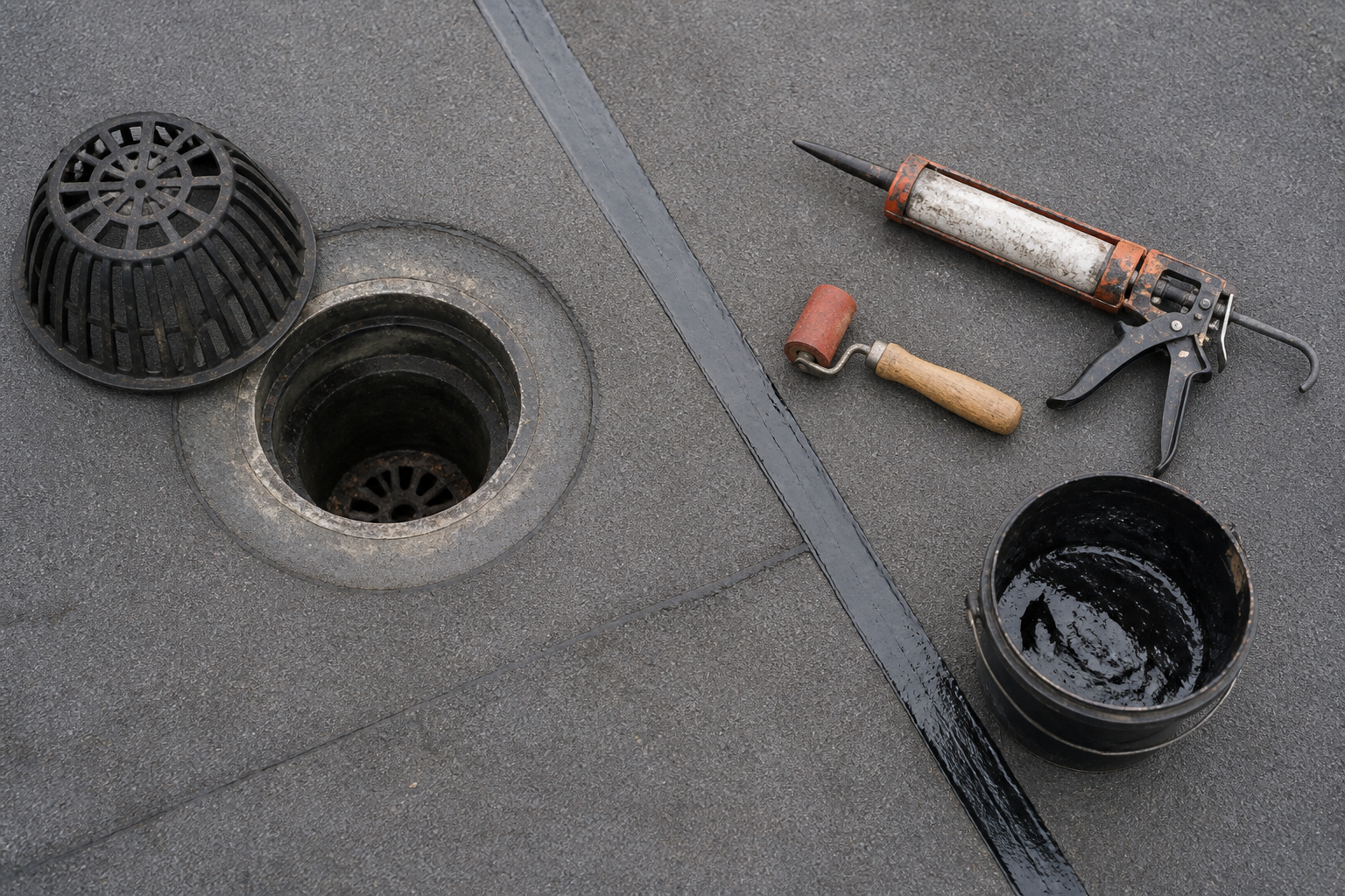Roof maintenance work around a commercial rooftop drain