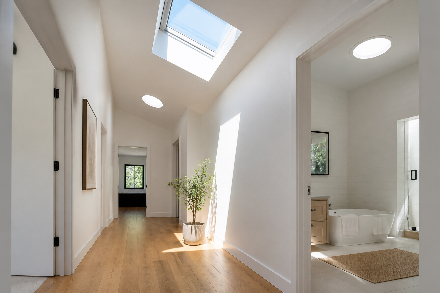 Bright interior room lit by daylight from a newly installed skylight